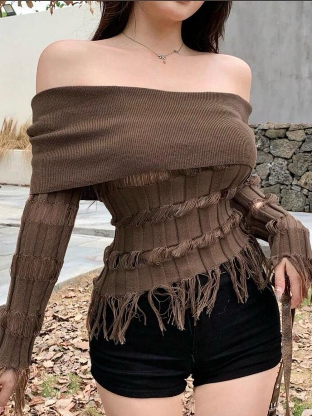 DAZY Brown off the shoulder knit sweater